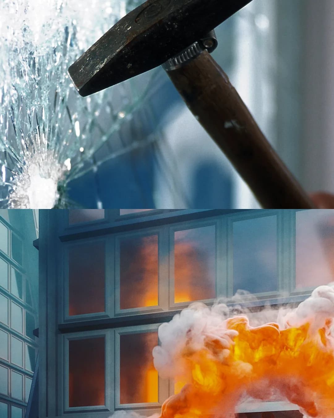Deux vues : une vitre qui s’étoile sous un coup de marteau sans voler en éclats, une façade d’immeuble en feu